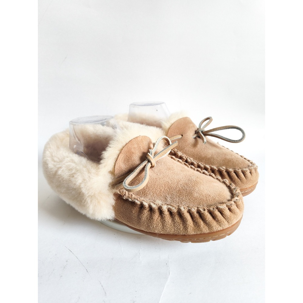 LL Bean Wicked Good Moccasins Womens 8 Tan Suede Shearling Slippers 130484 Cozy
